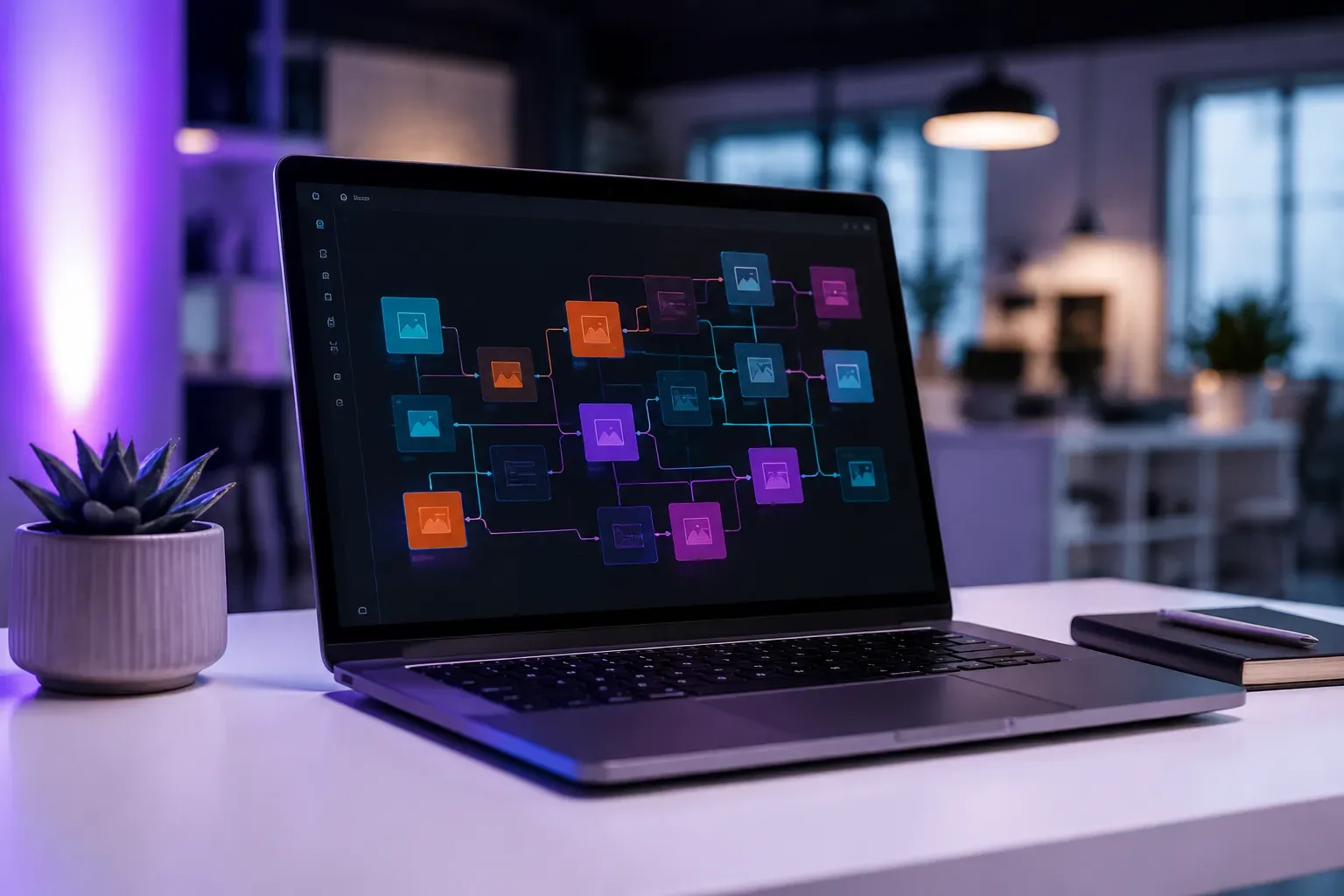 Laptop op een minimalistisch bureau met een visueel workflow-canvas vol gekleurde knooppunten