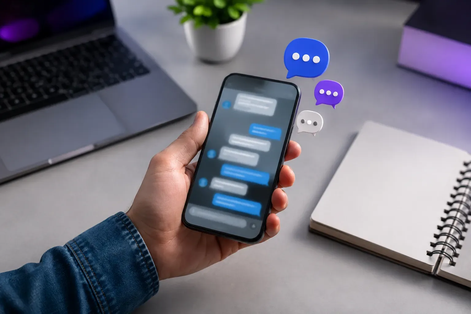 Telefoon in de hand van een ondernemer in een winkel met binnenkomende berichten