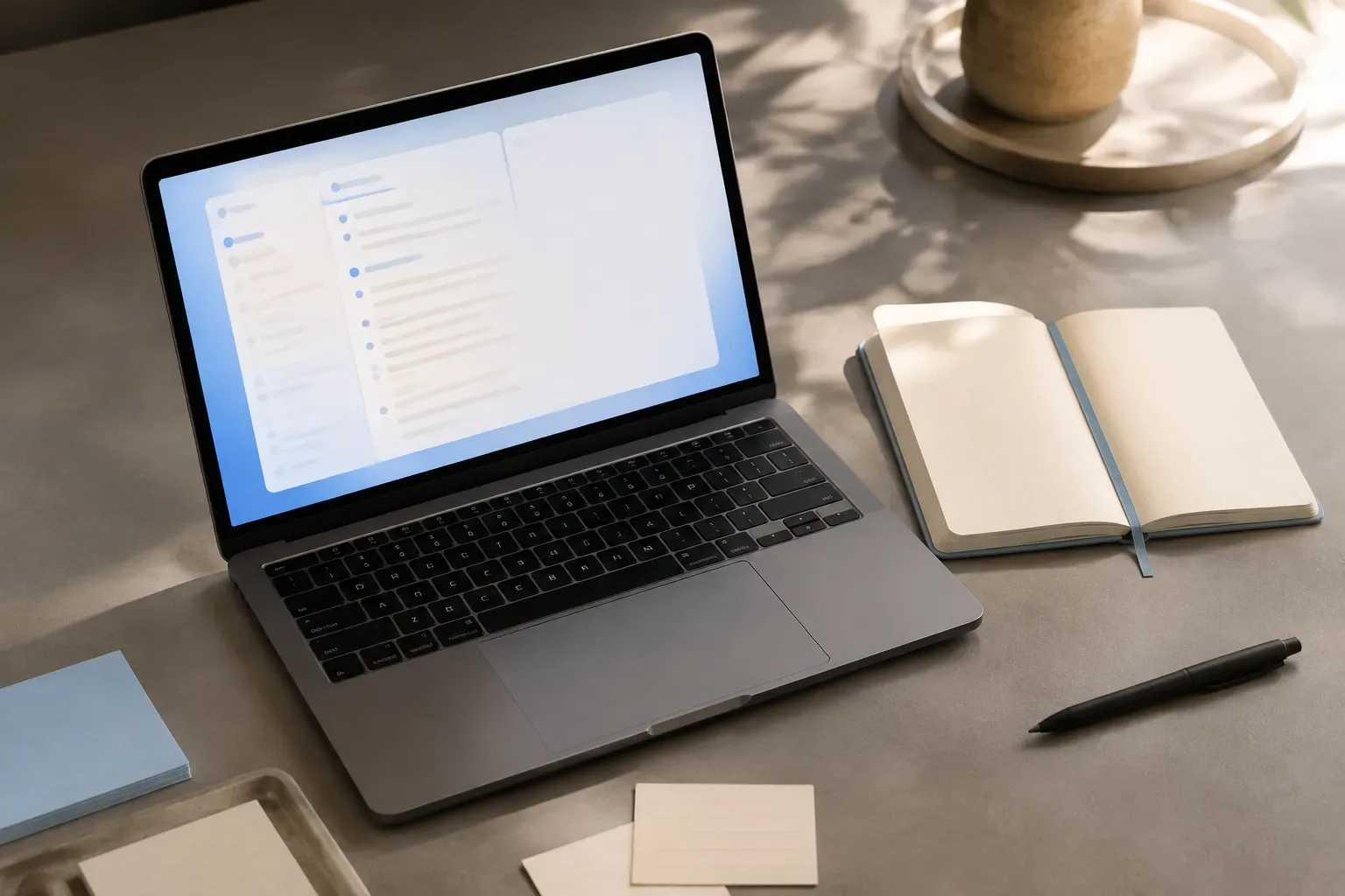 Bureau met notitieboek, laptop en een stapel documenten