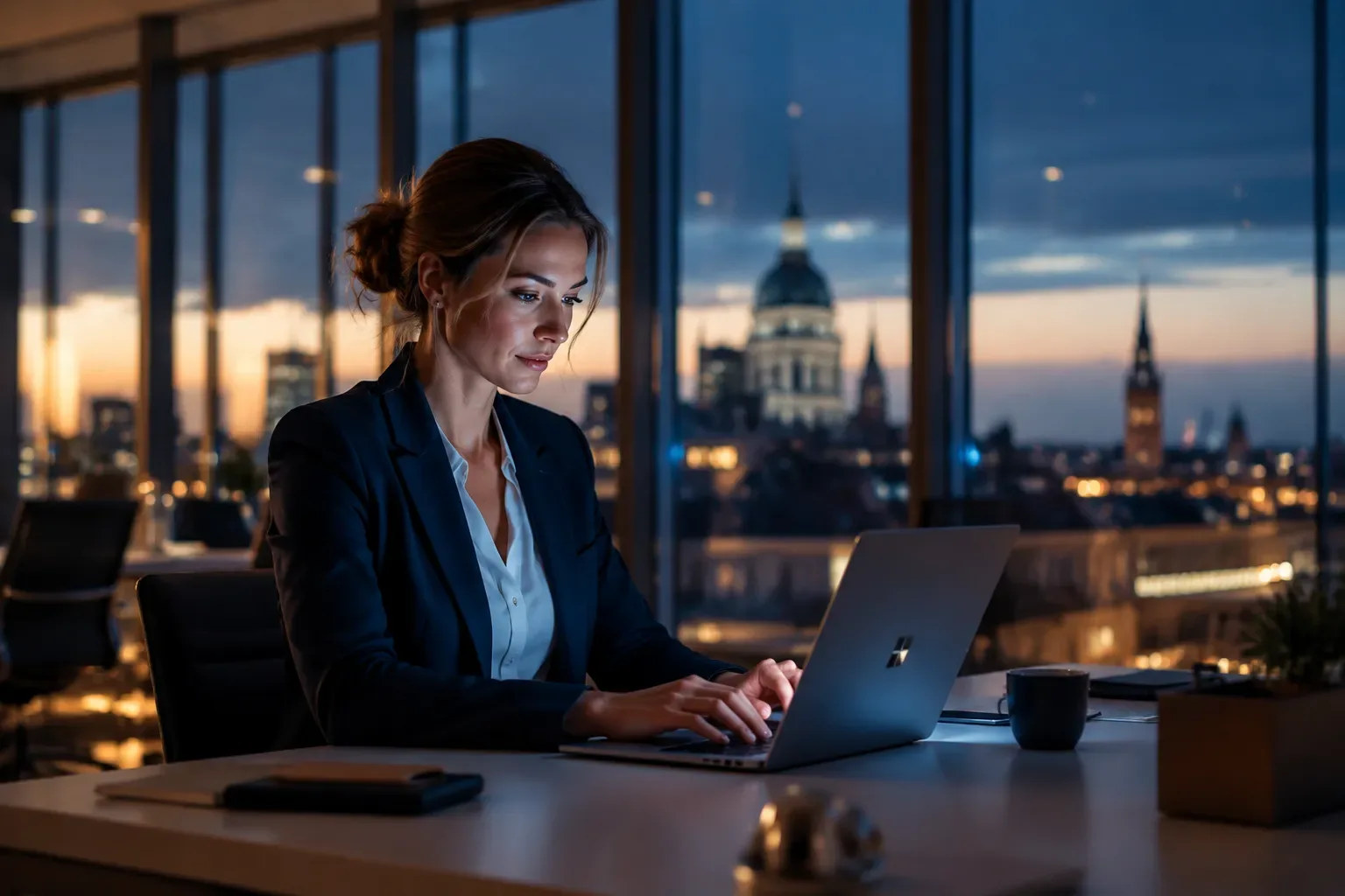 Professional aan een bureau met een laptop met AI-functies in een modern kantoor