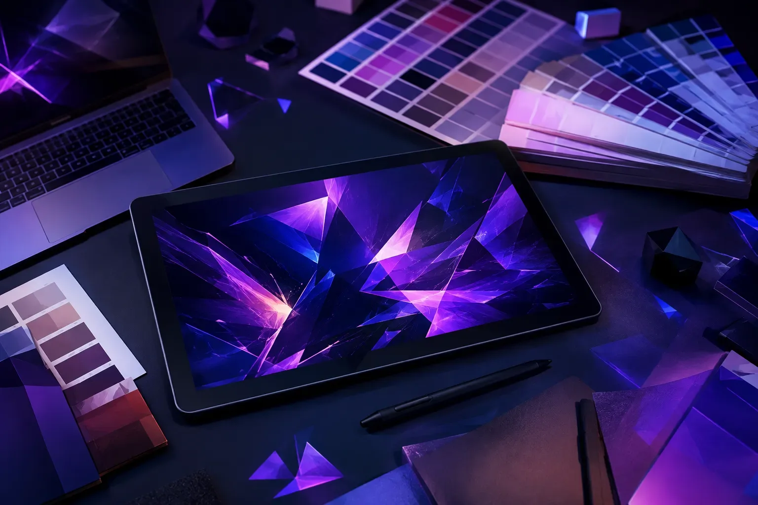 Ontwerpwerkplek met kleurstalen, stylus en een digitaal canvas