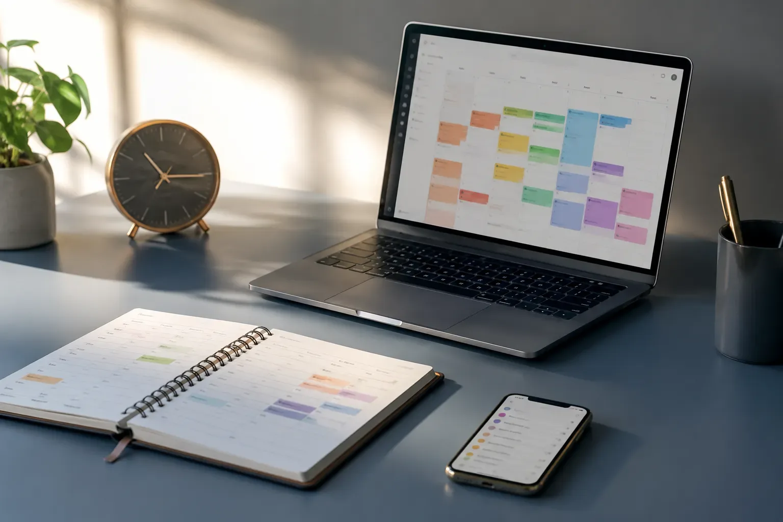 Bureau met een papieren weekagenda naast een laptop en een klok