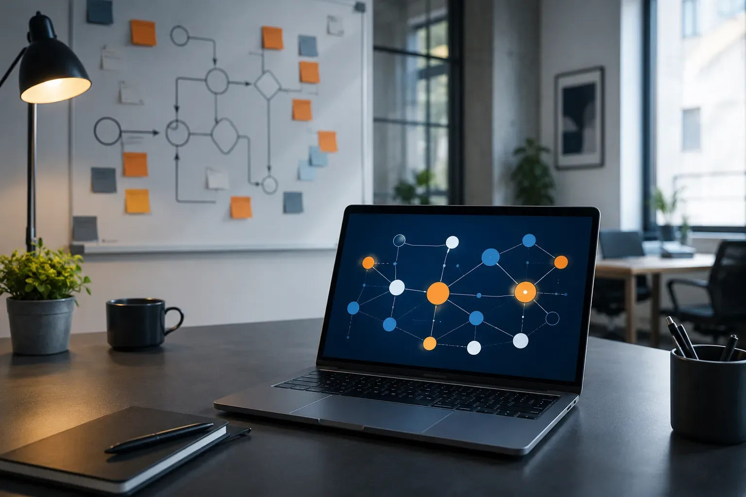 Werkplek met een laptop waarop een schema met gekoppelde processtappen te zien is