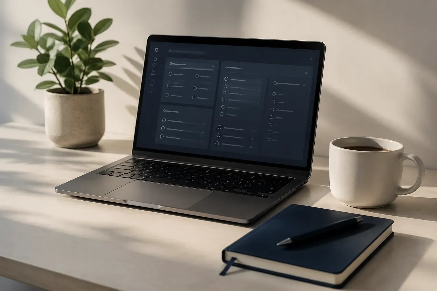 Laptop met een minimalistische productiviteitsinterface in donkere modus op een opgeruimd bureau