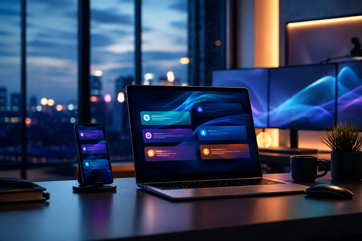 Avondwerkplek met laptop en stadslichten door het raam
