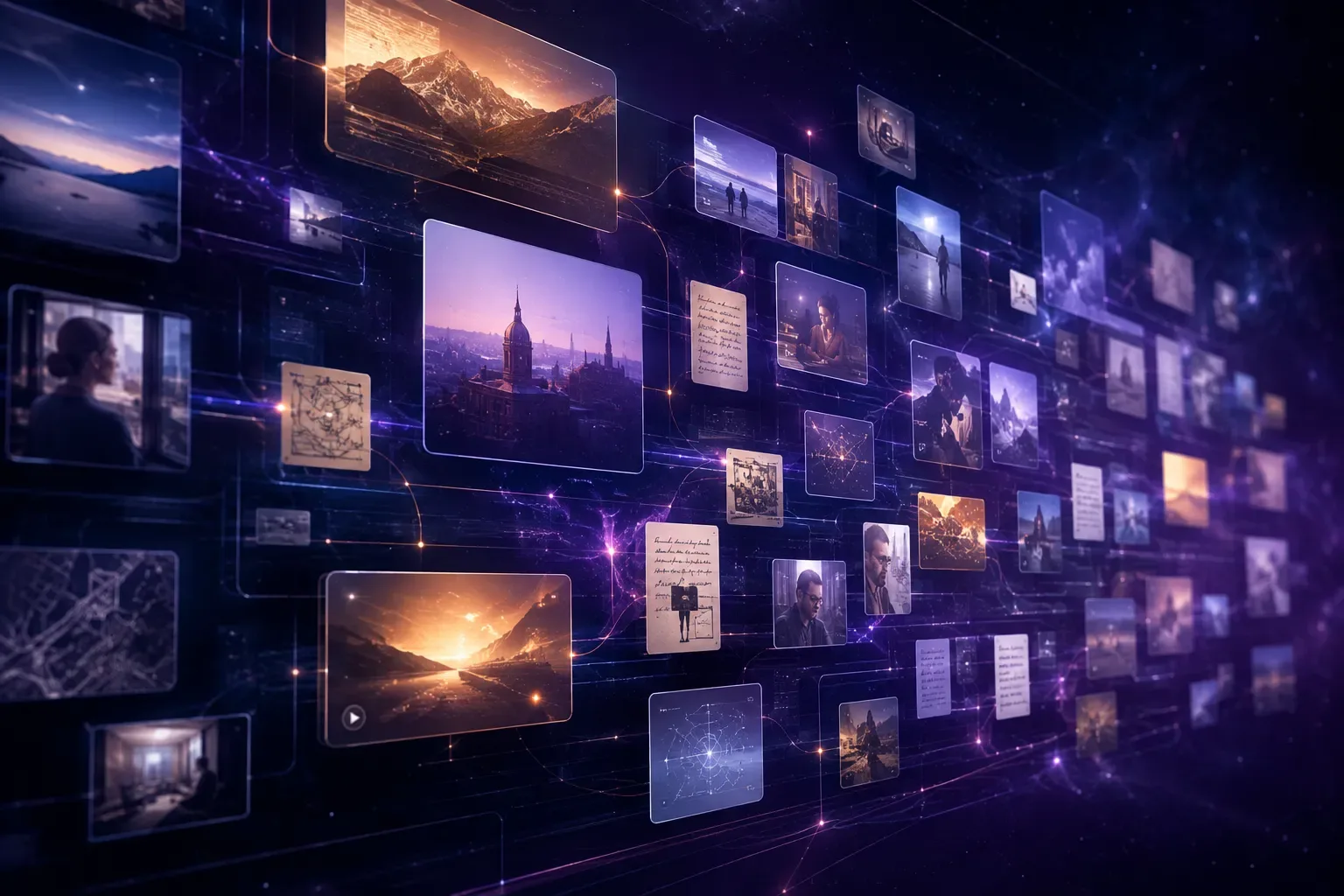 Visueel AI-werkveld met zwevende kaarten voor video, tekst en beeld op een donker canvas