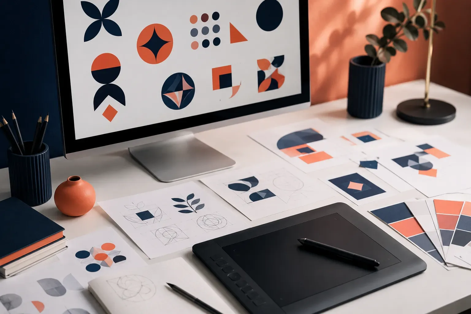Ontwerpwerkplek met een groot scherm vol vectorvormen