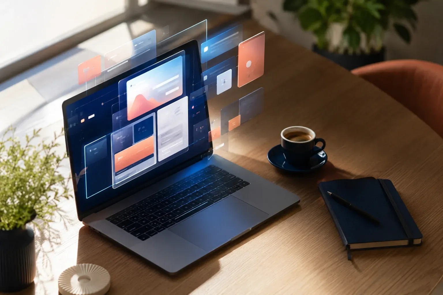Werkplek van bovenaf met een laptop waarop een applicatie laag voor laag wordt samengesteld