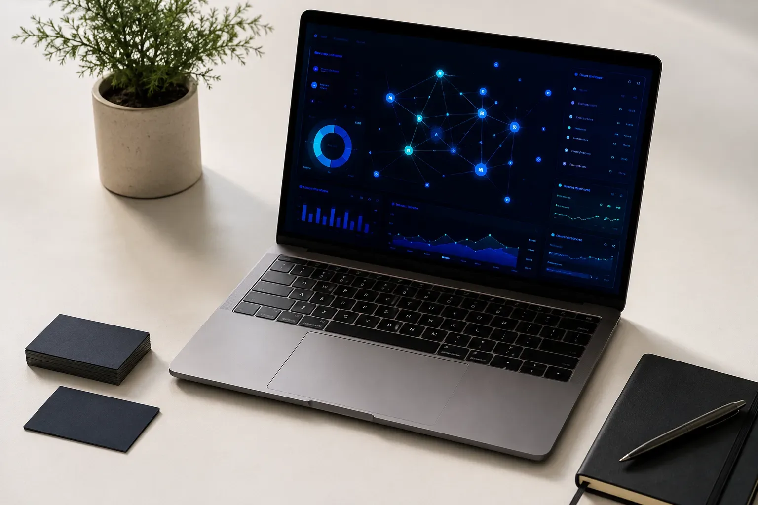 A sleek laptop displaying a clean dashboard with abstract data network nodes and connection lines glowing in deep blue and
