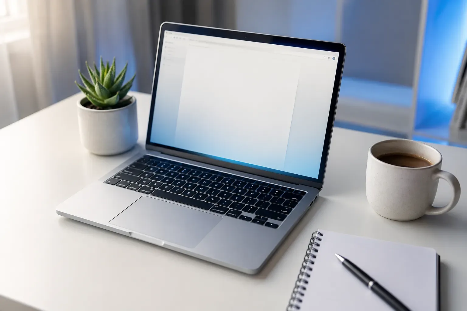 Laptop met een AI-schrijfassistent op een bureau in een modern kantoor