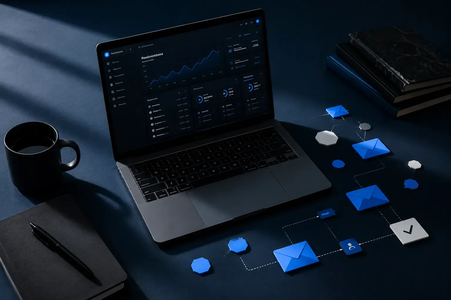 Sleek dark laptop with glowing blue dashboard interface on a deep navy desk, scattered geometric abstract shapes suggesting