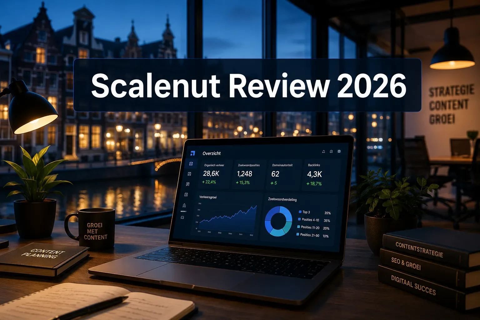 Laptop met een SEO-contentdashboard met keyword-analyse op een bureau