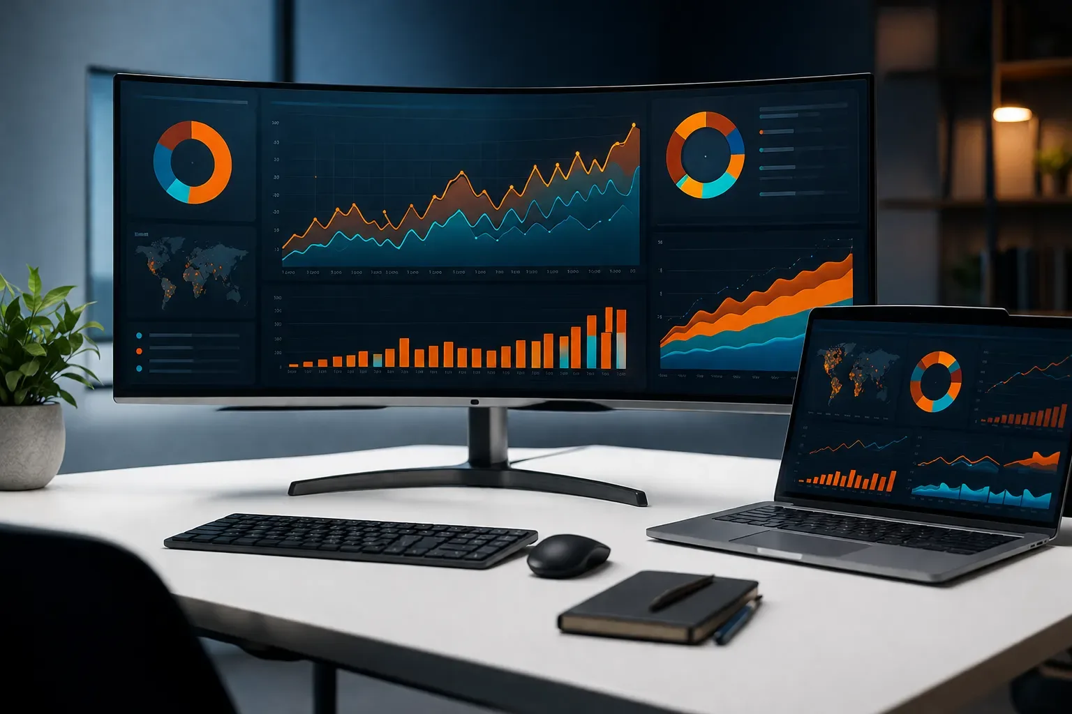 Laptop met een SEO- en marketingdashboard vol grafieken op een bureau