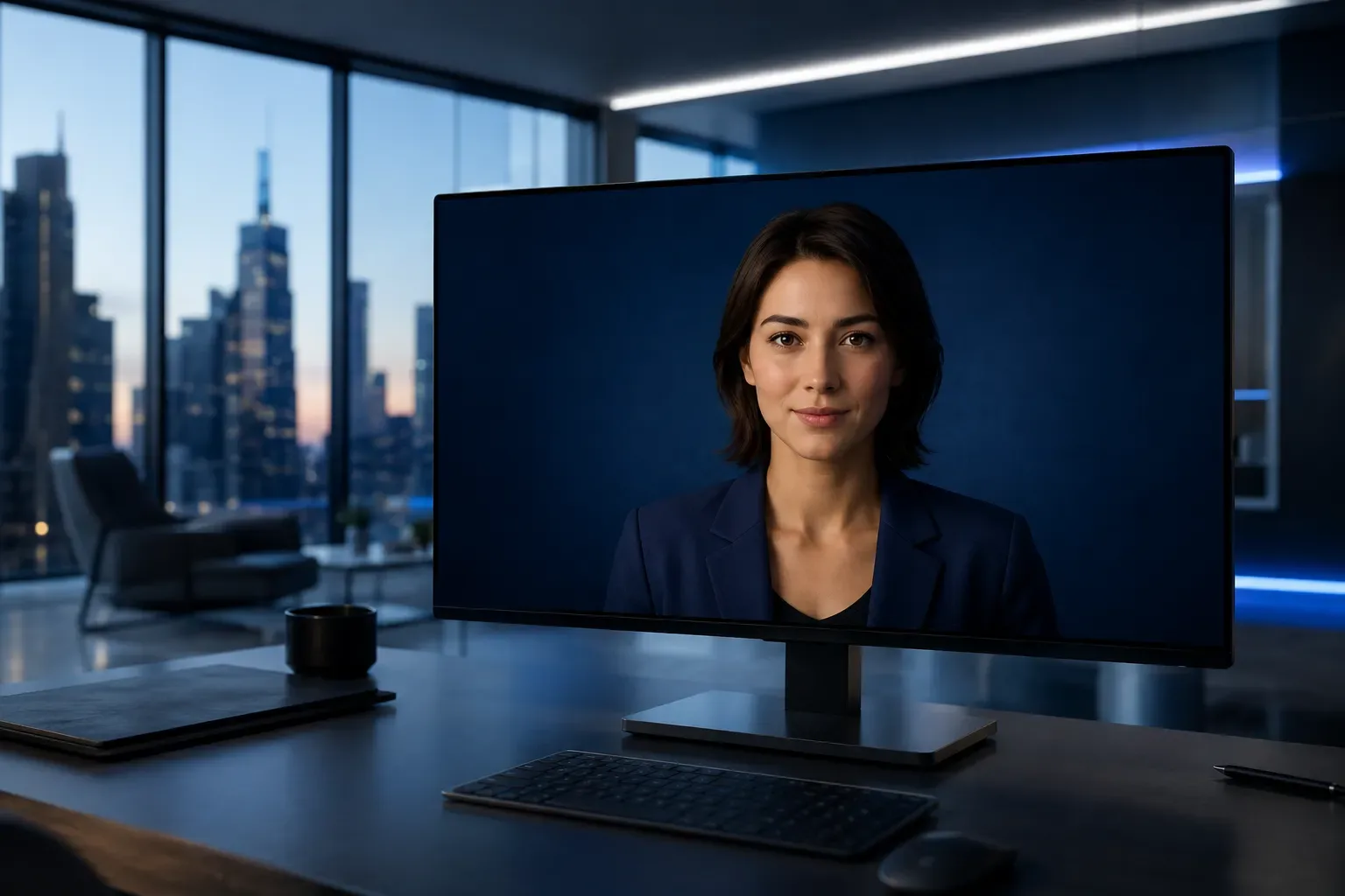 Laptop met een AI-video met een digitale presentator op het scherm