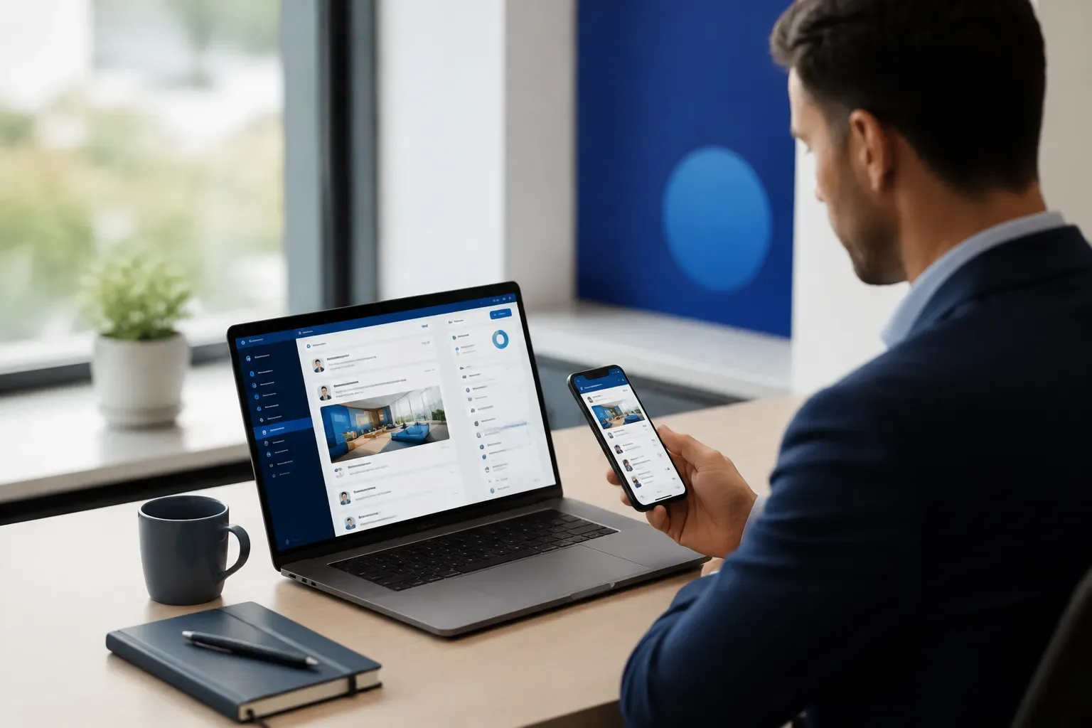 Ondernemer aan een minimalistisch bureau met een laptop