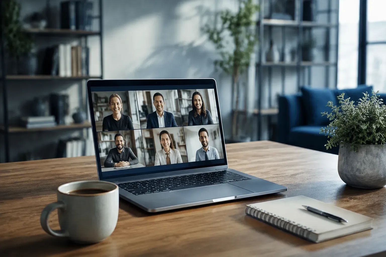 Online vergadering op een laptop met notitieblok ernaast