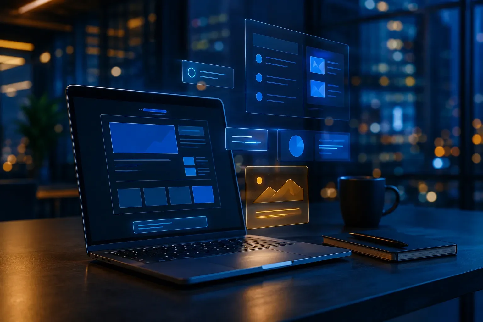 Laptop op een donker bureau met een zwevend raamwerk van een website-interface in blauw licht