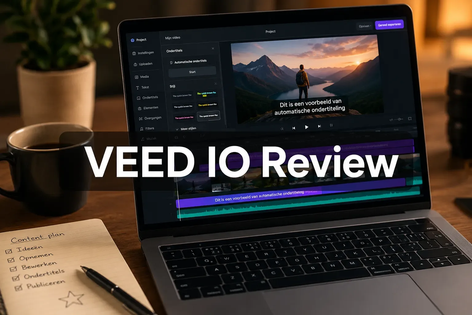 Video-editor in de browser met een tijdlijn en automatisch gegenereerde ondertitels