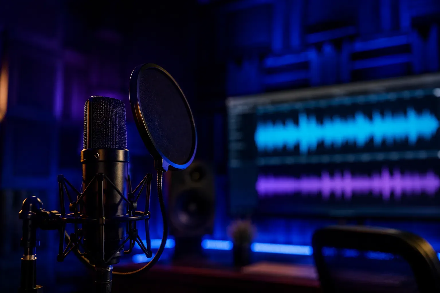 A sleek dark soundproof recording studio environment with soft blue and violet ambient lighting illuminating a professional