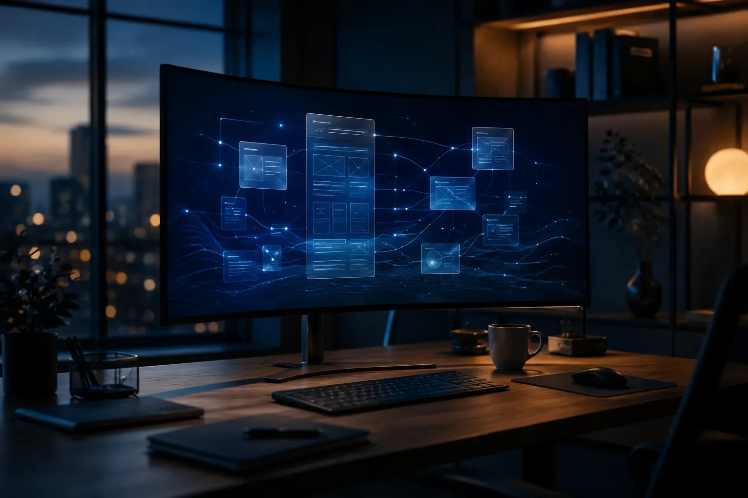 Ontwerpstudio bij avond met een gebogen monitor vol raamwerkblokken en verbindingslijnen