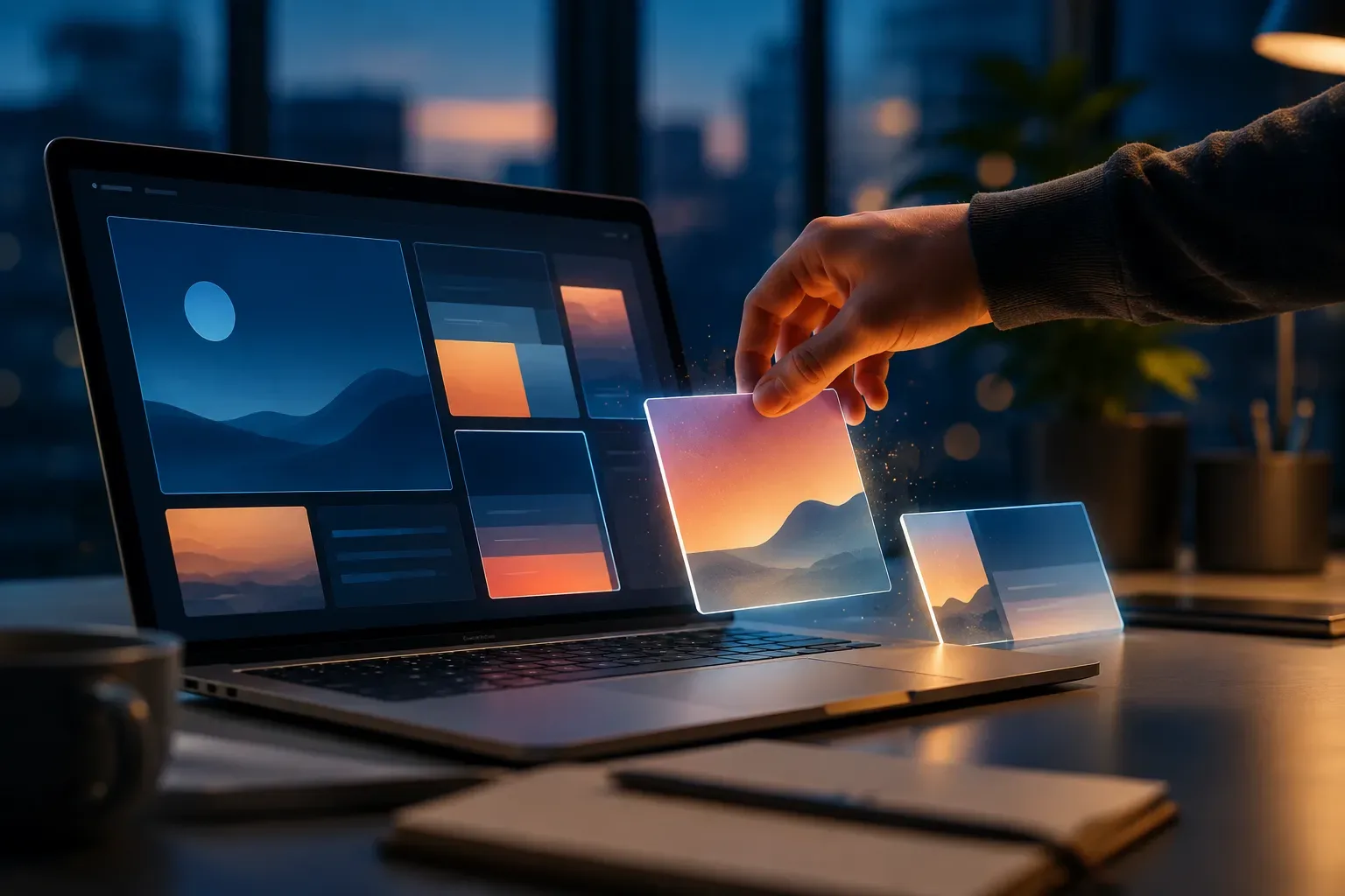 Hand die een doorschijnend opmaakblok uit een laptopscherm tilt en ernaast legt