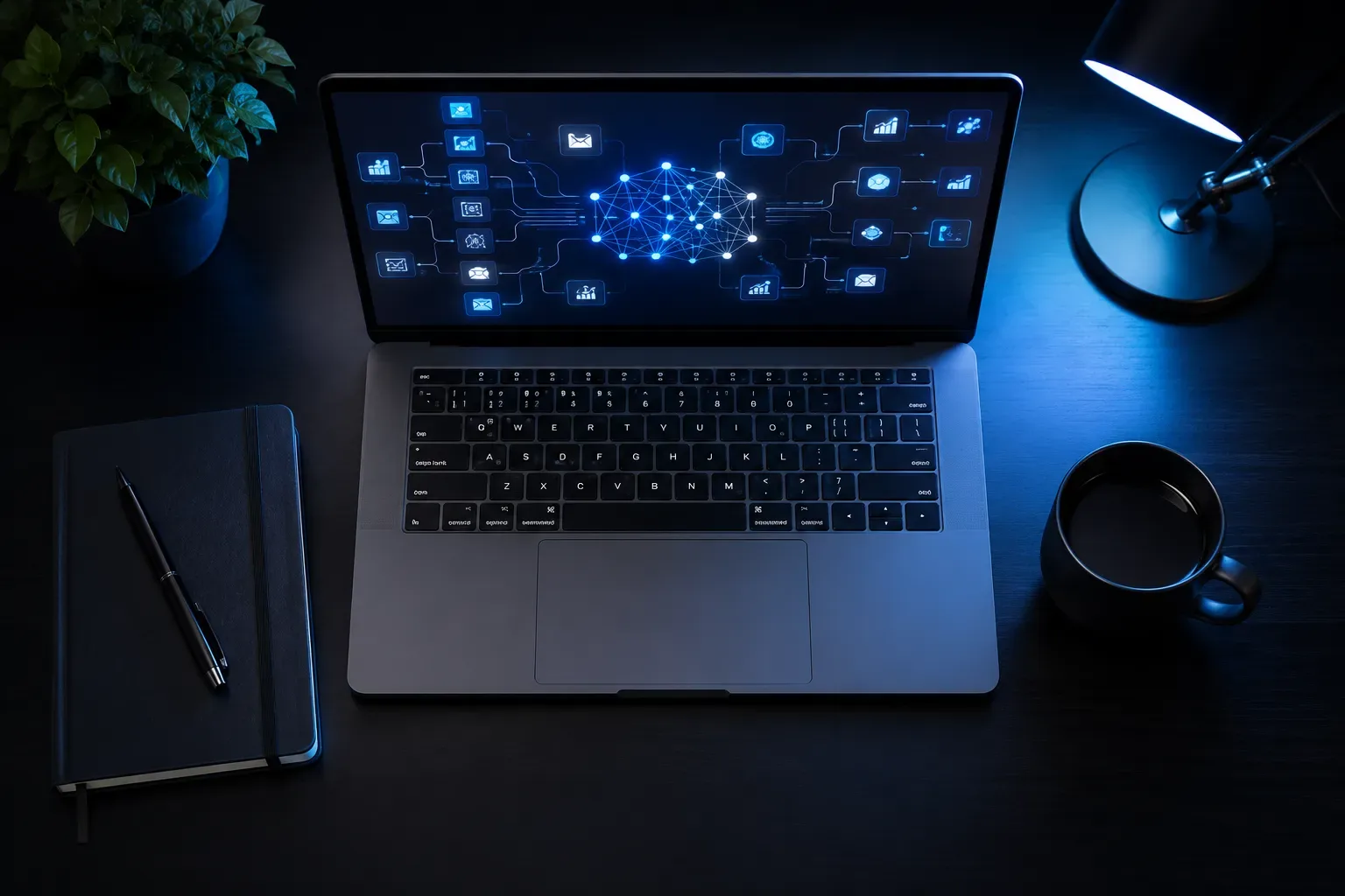 Bureau van bovenaf met een laptop waarop meerdere AI-modellen naast elkaar openstaan