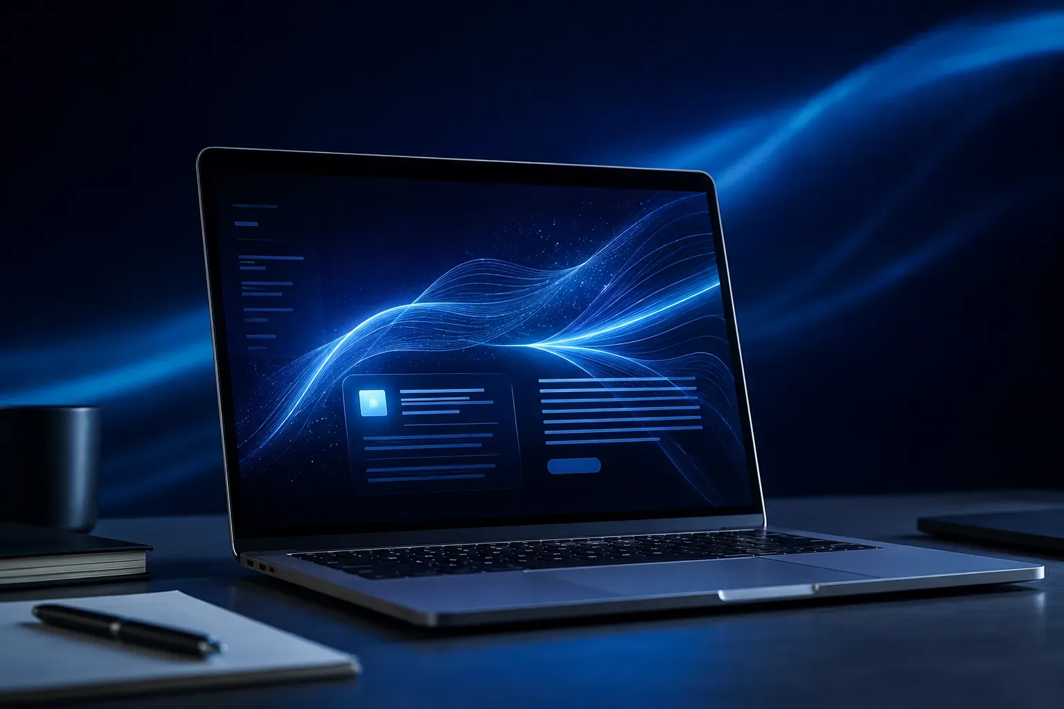 Laptop met een AI-schrijfassistent voor SEO-content op een bureau in een modern kantoor