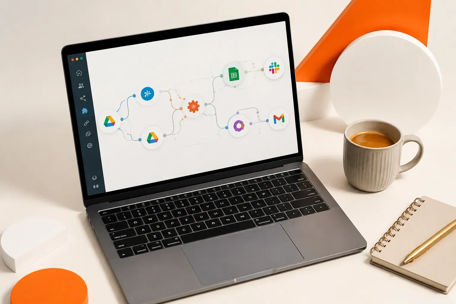 Laptop met een automatiseringsdashboard met gekleurde verbindingslijnen tussen app-iconen
